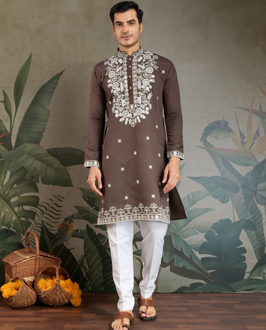 61322-brown - Brown Thread & Sequence Hand Embroidered Men’s Kurta Set